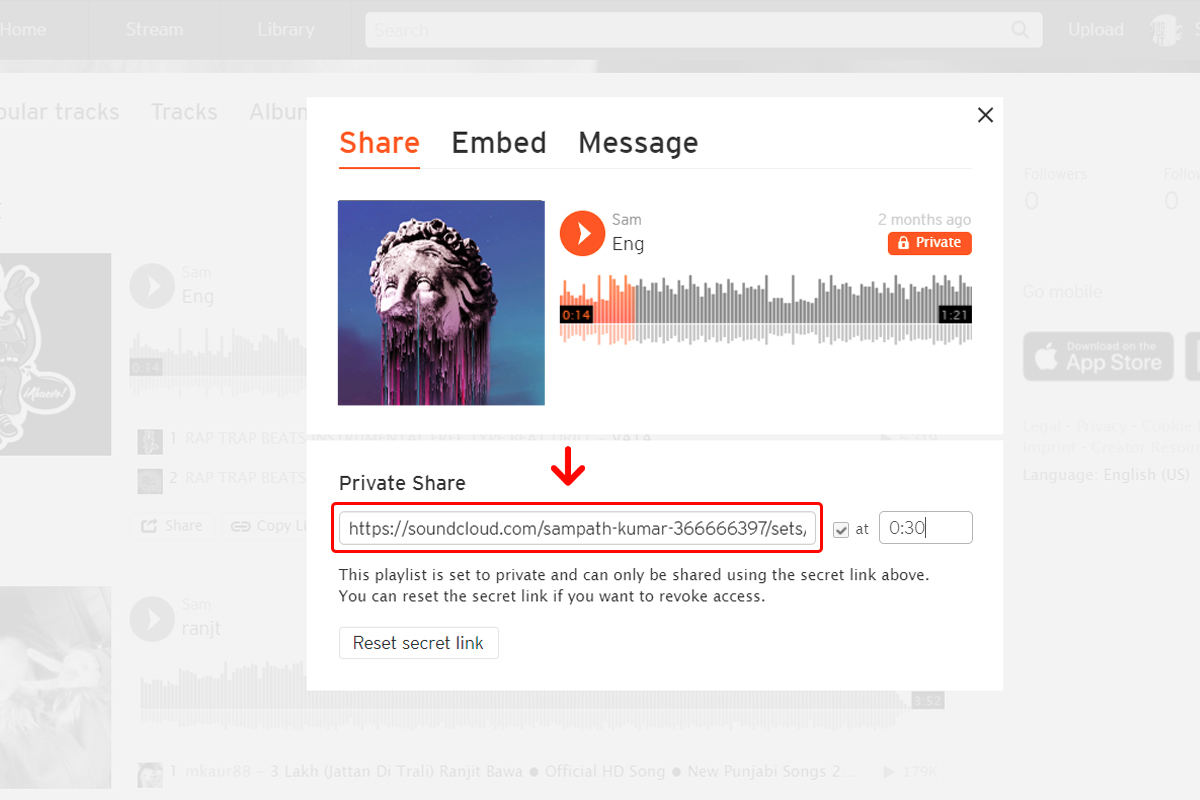 Share Private SoundCloud Track using Device 7
