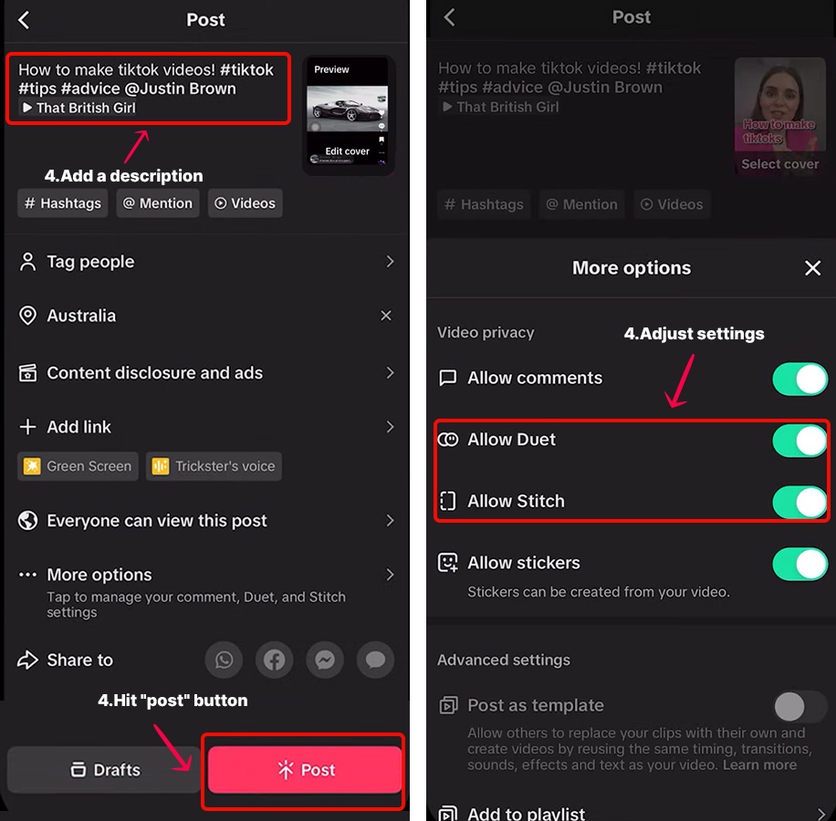 add description, adjust settings and post