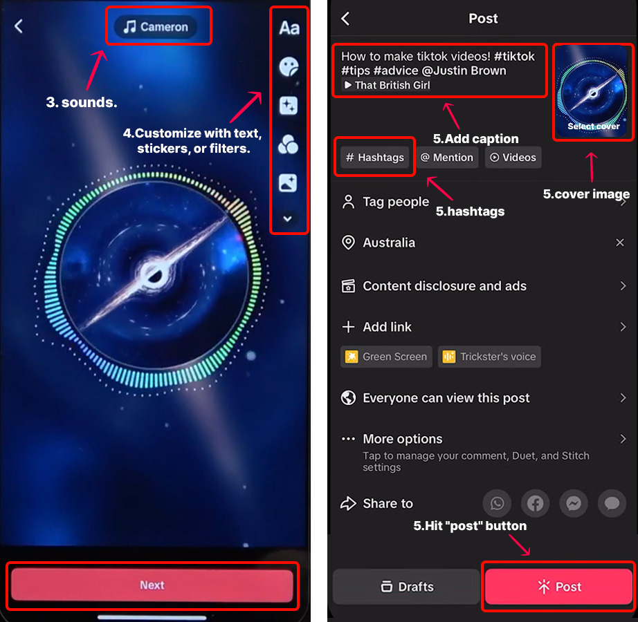 add sound, captions, image and post