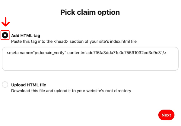 Claim your website by pasting an HTML Tag