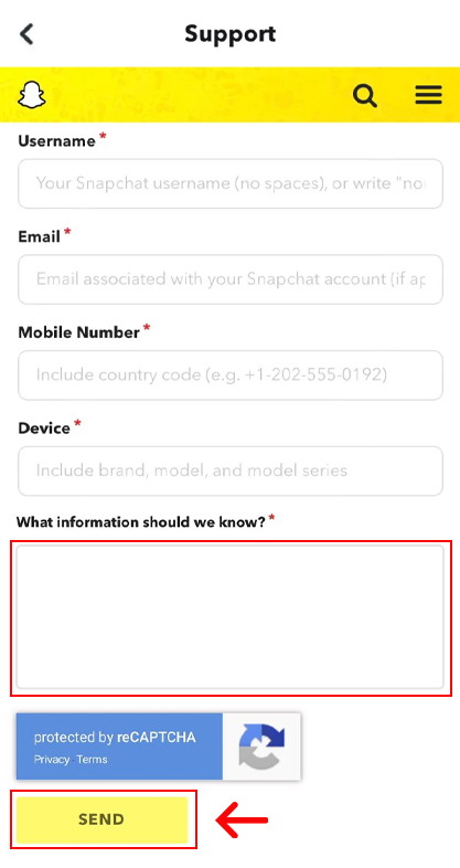 Write and submit your message to the Snapchat team