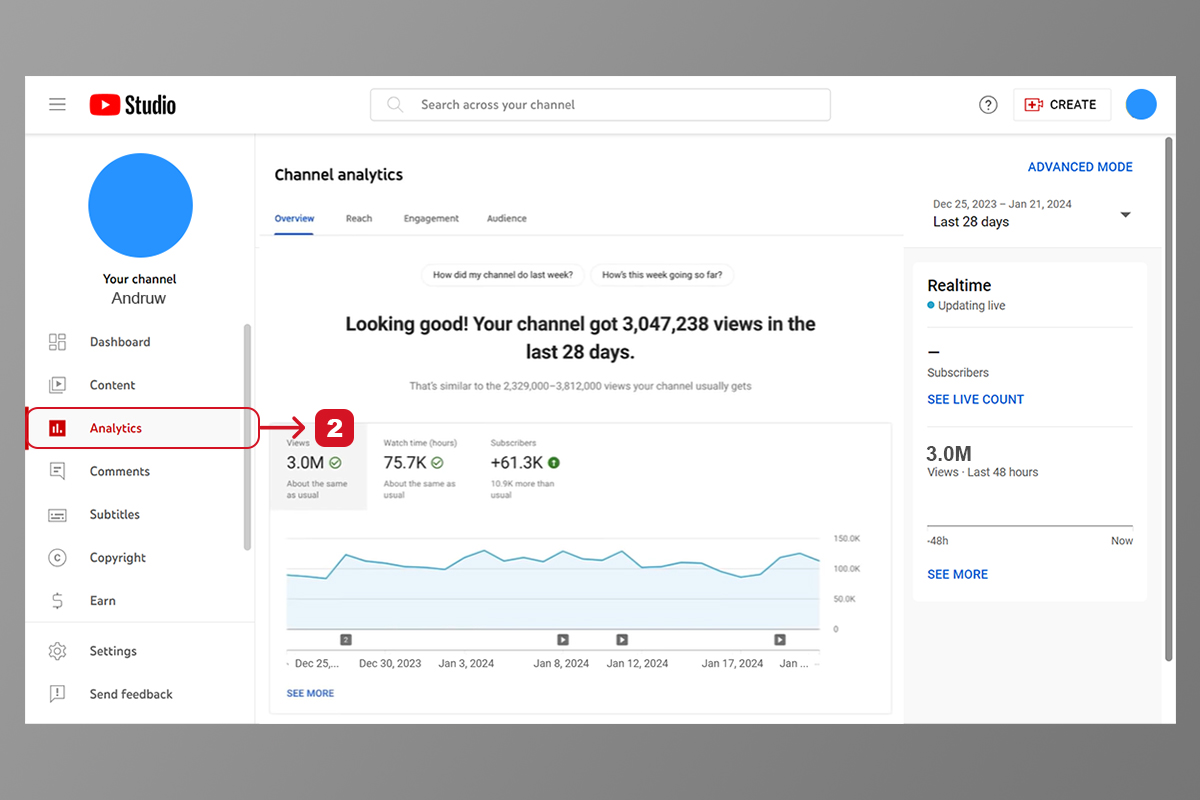 how to access YouTube analytics on desktop step 2