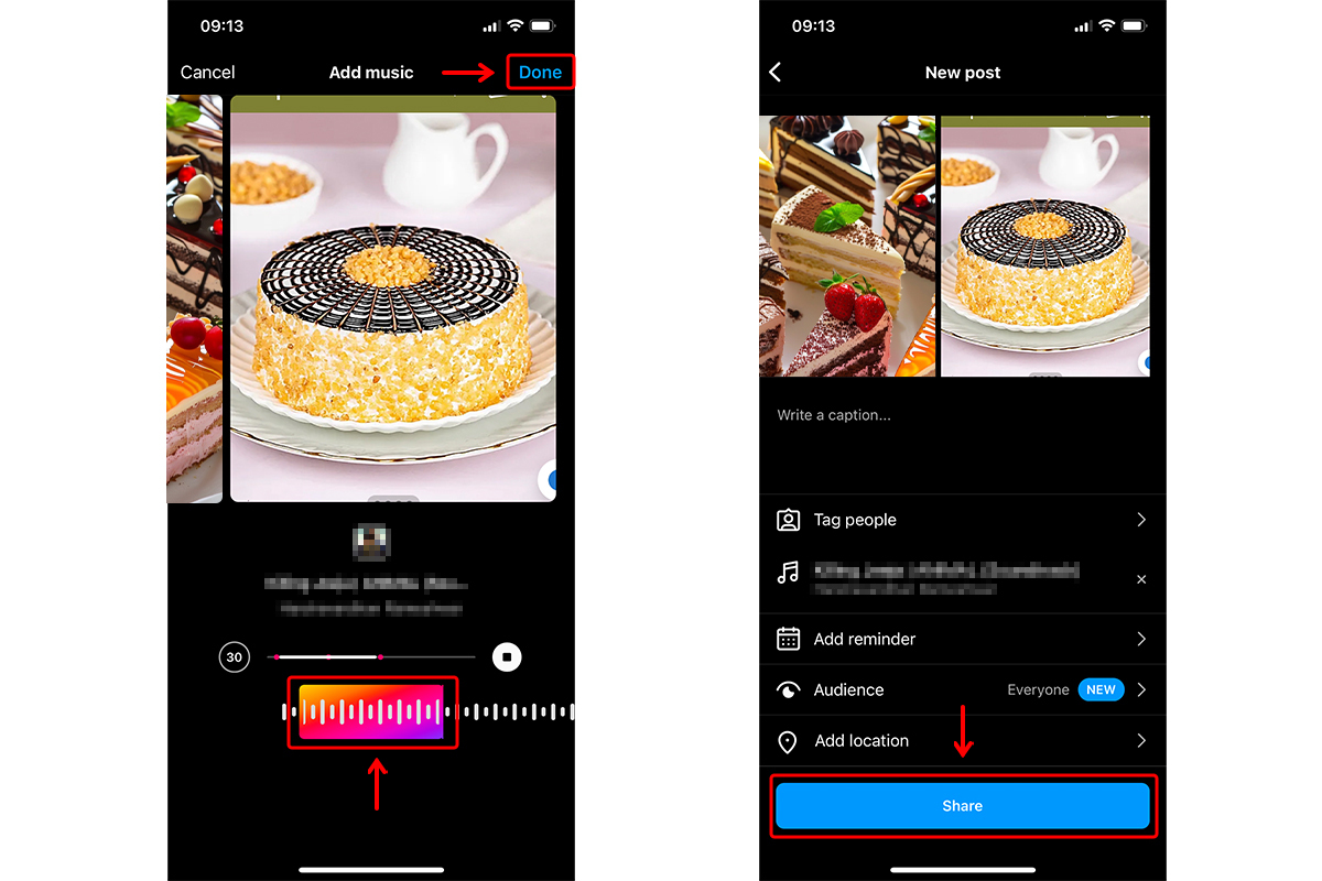 how to add music to instagram posts with multiple photos steps 6, 7