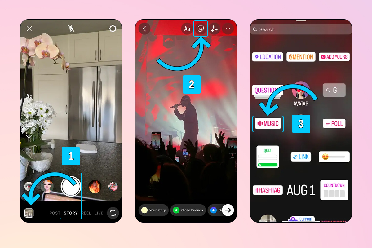 how to add music to instagram stories step 1,2&3