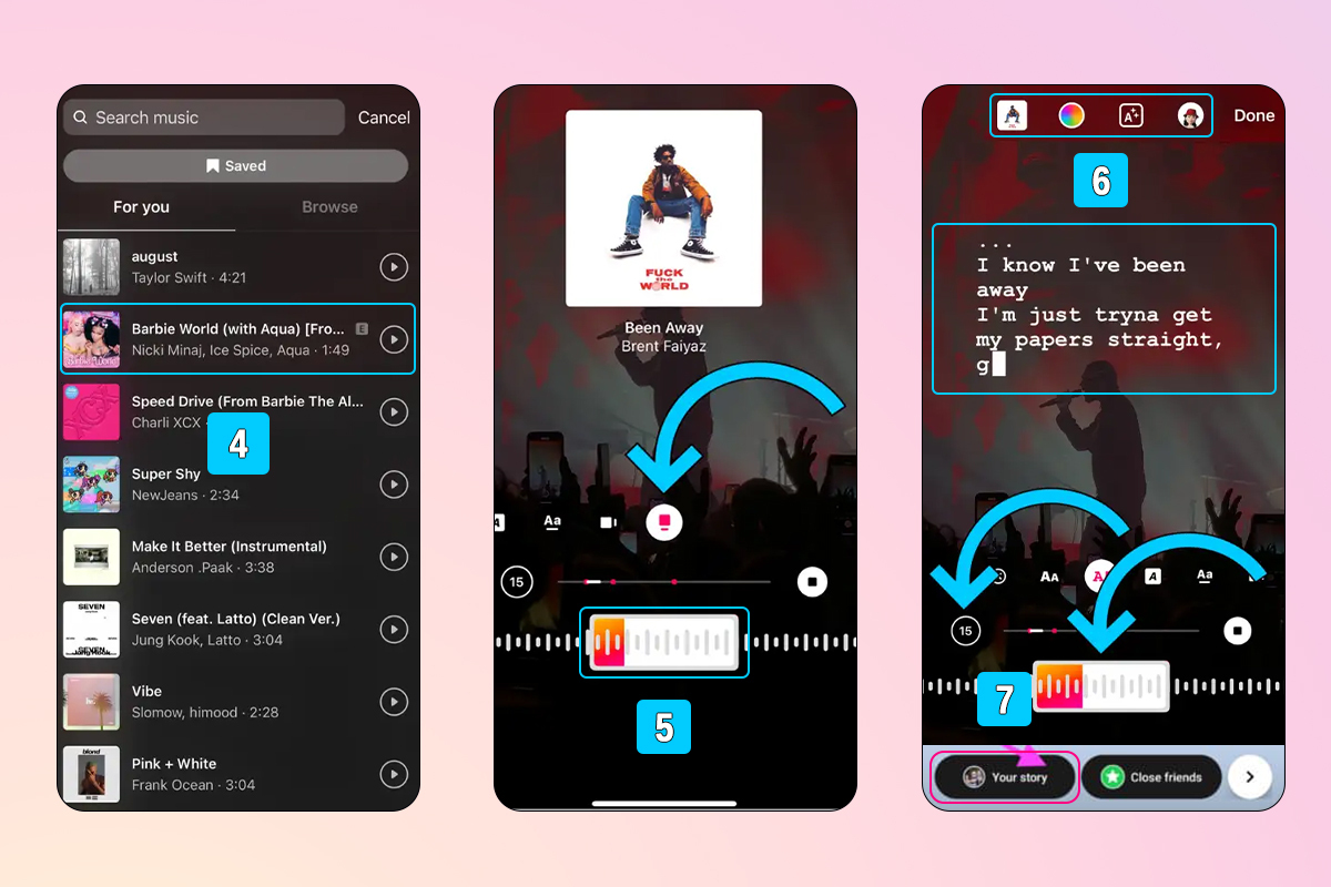 how to add music to instagram stories step 4,5,6&7