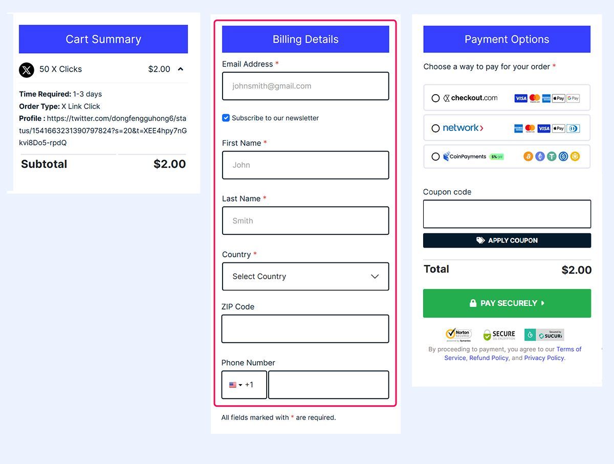 enter your billing details x clicks enter your billing details x clicks