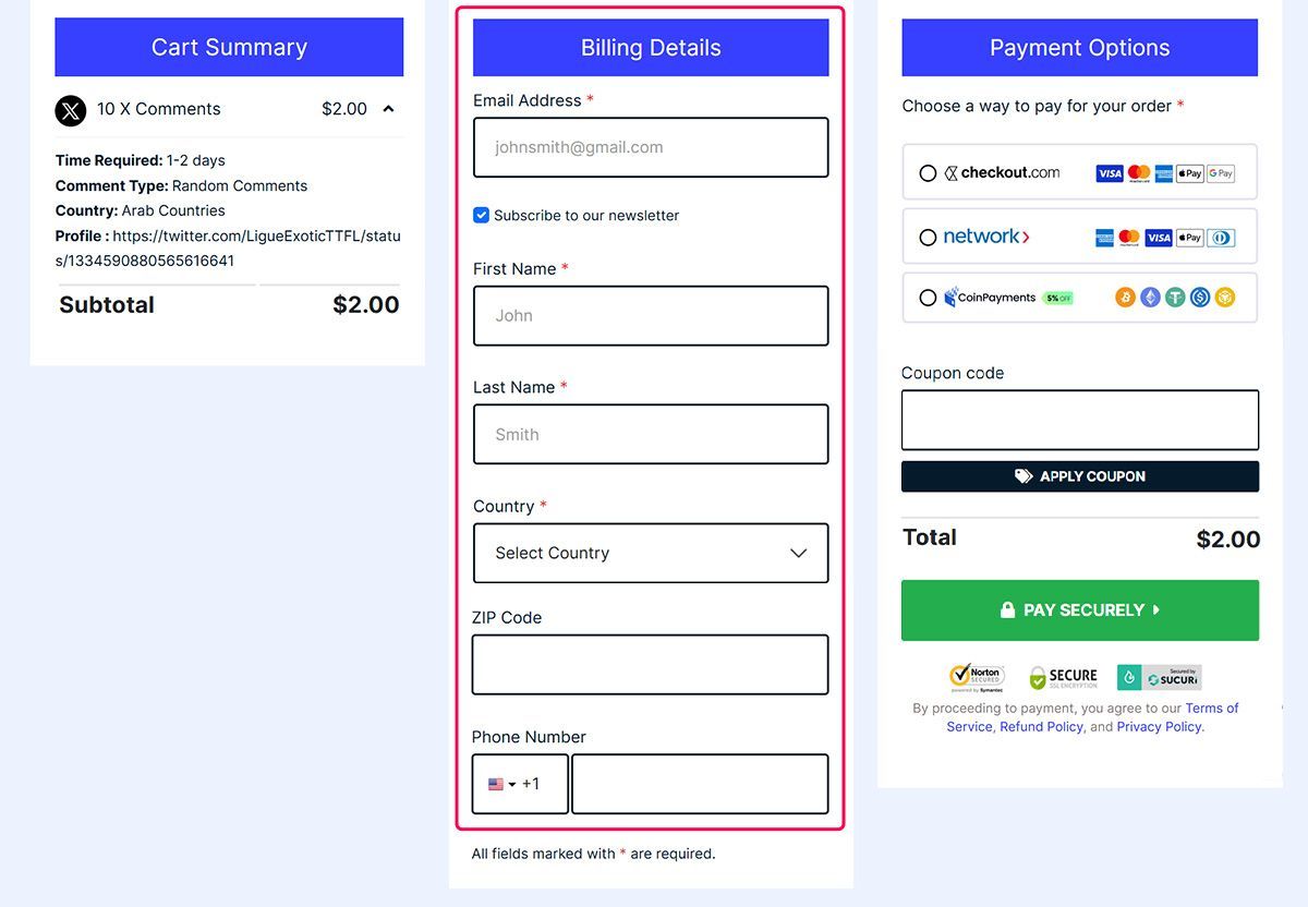 enter your billing details x comments