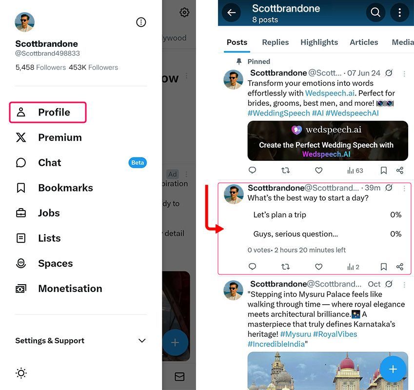 go to your profile or timeline and open the post that contains the poll in mobile go to your profile or timeline and open the post that contains the poll in mobile
