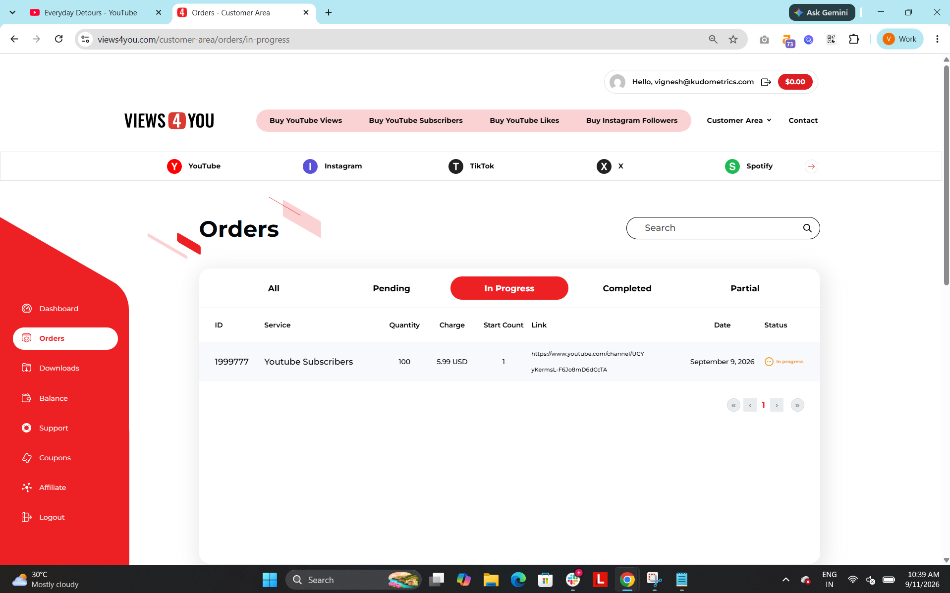 views4you dashboard to show order status