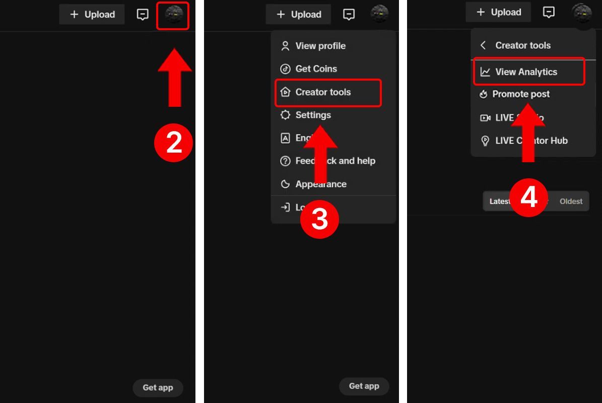 Acceder a las estadísticas de TikTok desde el ordenador Paso 2, 3, and 4 Acceder a las estadísticas de TikTok desde el ordenador Paso 2, 3, and 4