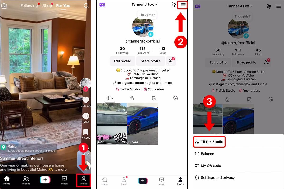 Acceder a TikTok Analytics desde la aplicación móvil Paso 1, 2, and 3 Acceder a TikTok Analytics desde la aplicación móvil Paso 1, 2, and 3
