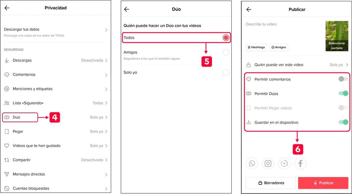 Pasos 4, 5 y 6 para habilitar la función de dúos/montajes en TikTok Pasos 4, 5 y 6 para habilitar la función de dúos/montajes en TikTok