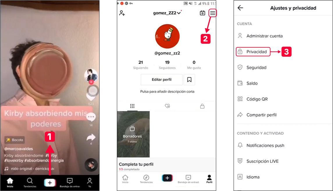 Pasos 1, 2 y 3 para habilitar la función de dúos/montajes en TikTok Pasos 1, 2 y 3 para habilitar la función de dúos/montajes en TikTok