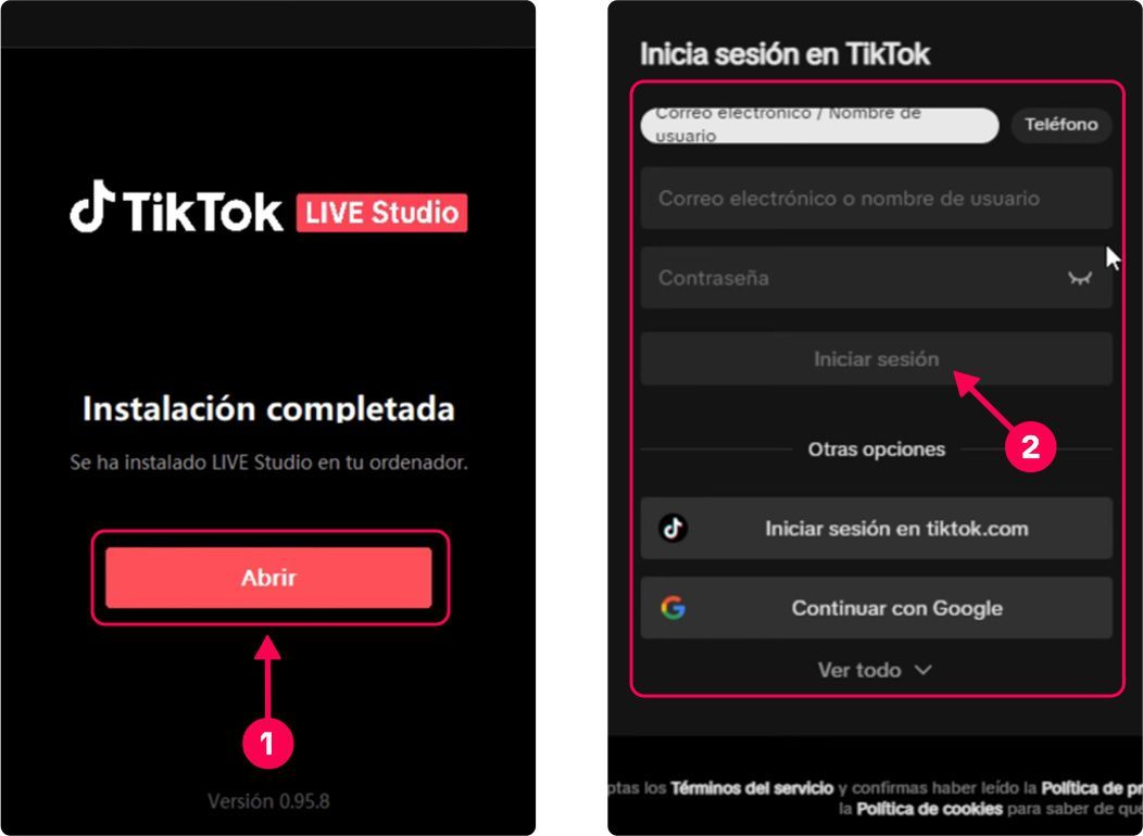 para transmitir en vivo en tiktok desde desktop - paso 1 and 2