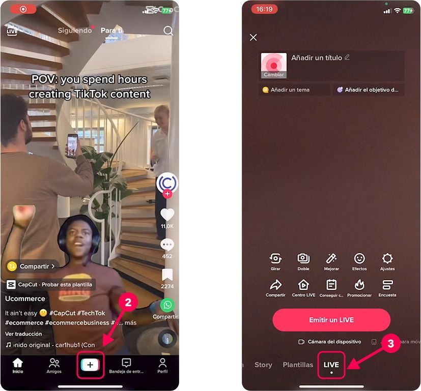 para transmitir en vivo en tiktok desde móvil - paso 2 and 3