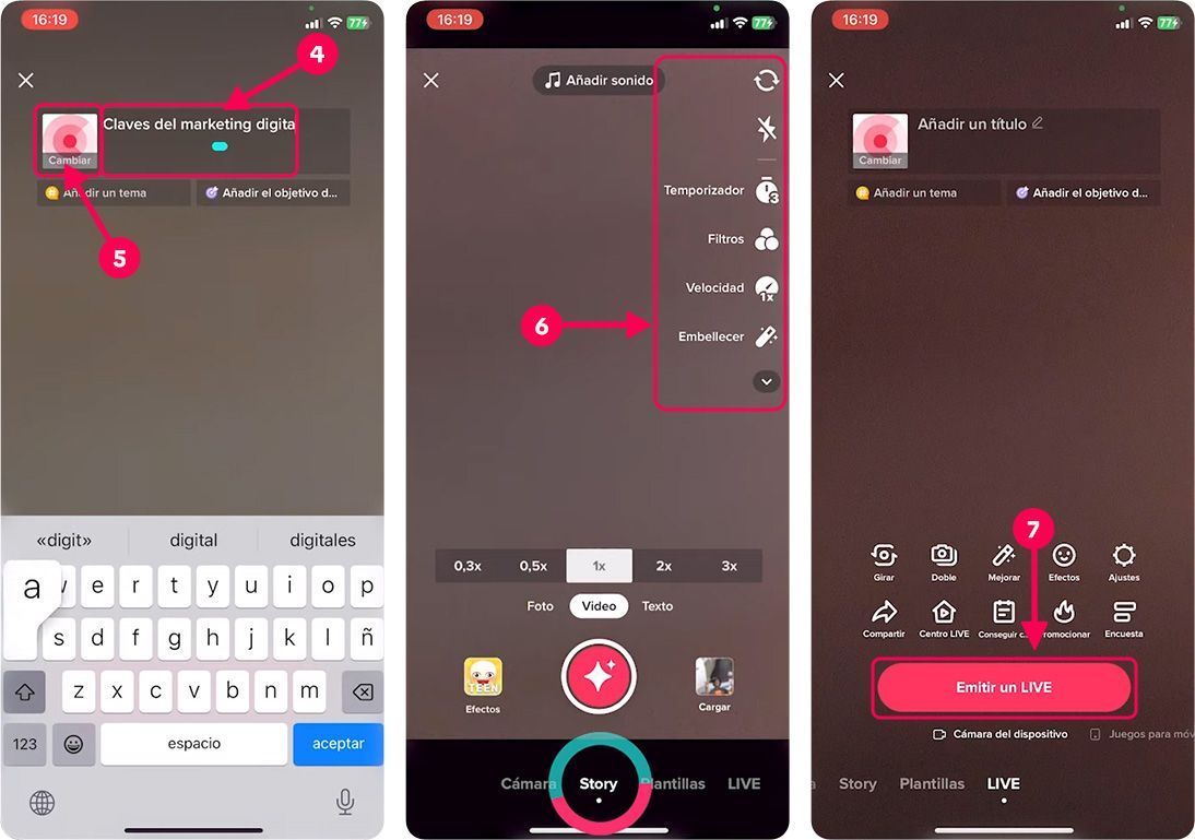 para transmitir en vivo en tiktok desde móvil - paso 4, 5, 6 and 7