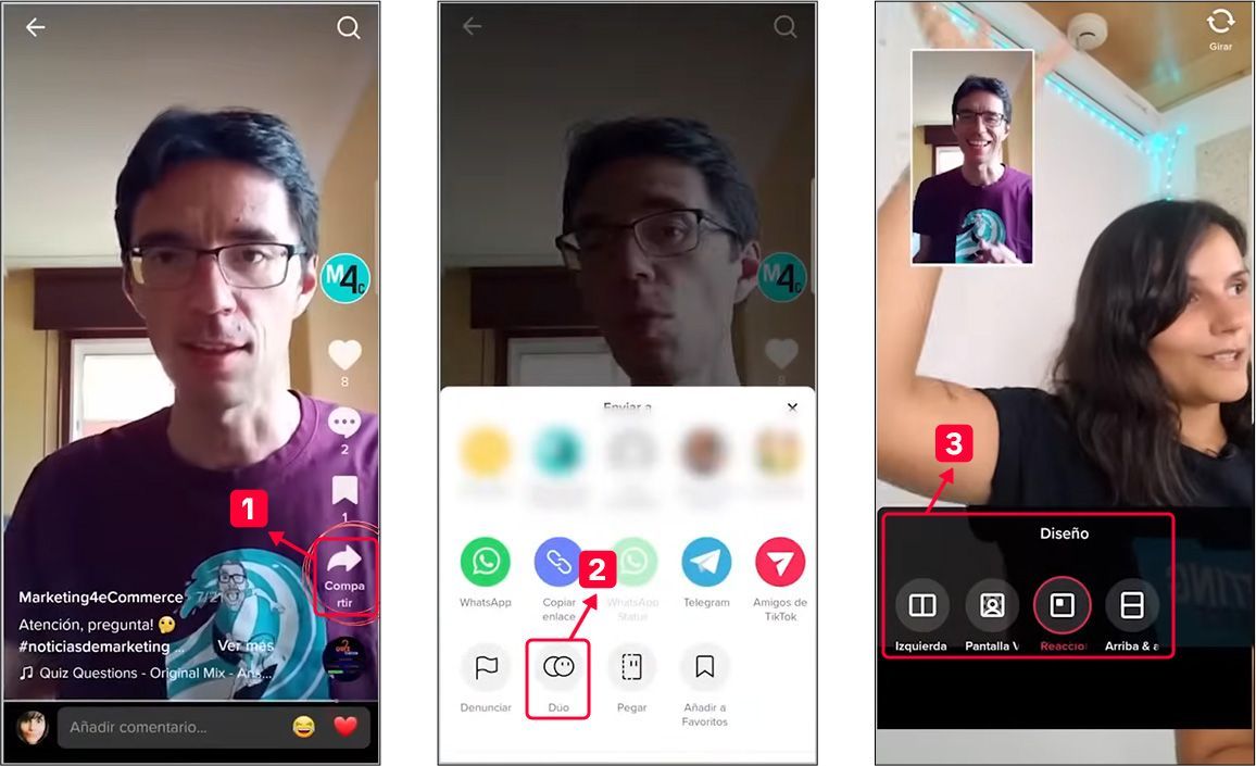 Pasos 1, 2 y 3 para crear duetos en TikTok Pasos 1, 2 y 3 para crear duetos en TikTok