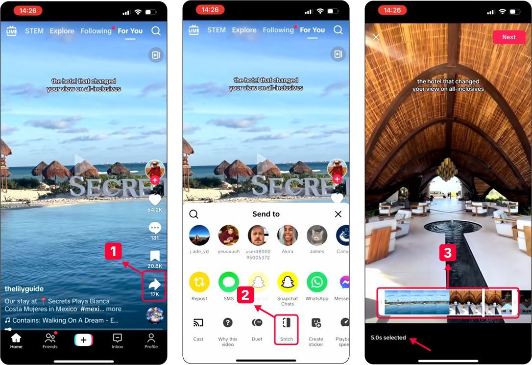 Pasos 1, 2 y 3 para crear vídeos de TikTok con la función Stitches Pasos 1, 2 y 3 para crear vídeos de TikTok con la función Stitches