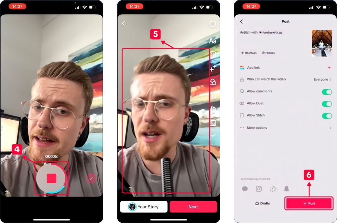 Pasos 4, 5 y 6 para crear vídeos de TikTok con la función Stitches Pasos 4, 5 y 6 para crear vídeos de TikTok con la función Stitches